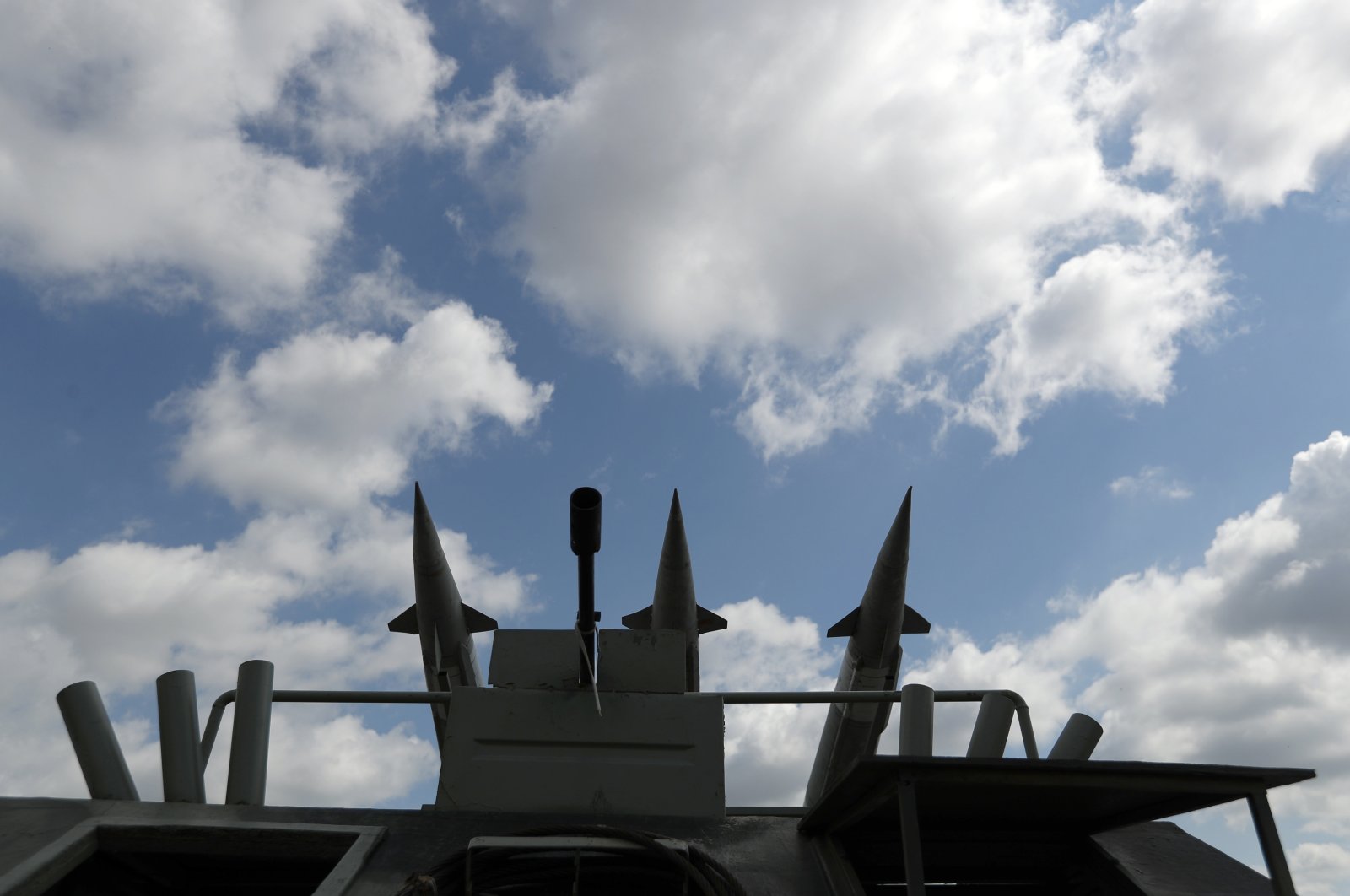 A model of an anti-aircraft rocket system parked in front of northern grandstand of Rajko Mitic stadium in Belgrade, Serbia, Saturday, June 20, 2020. (AP Photo)