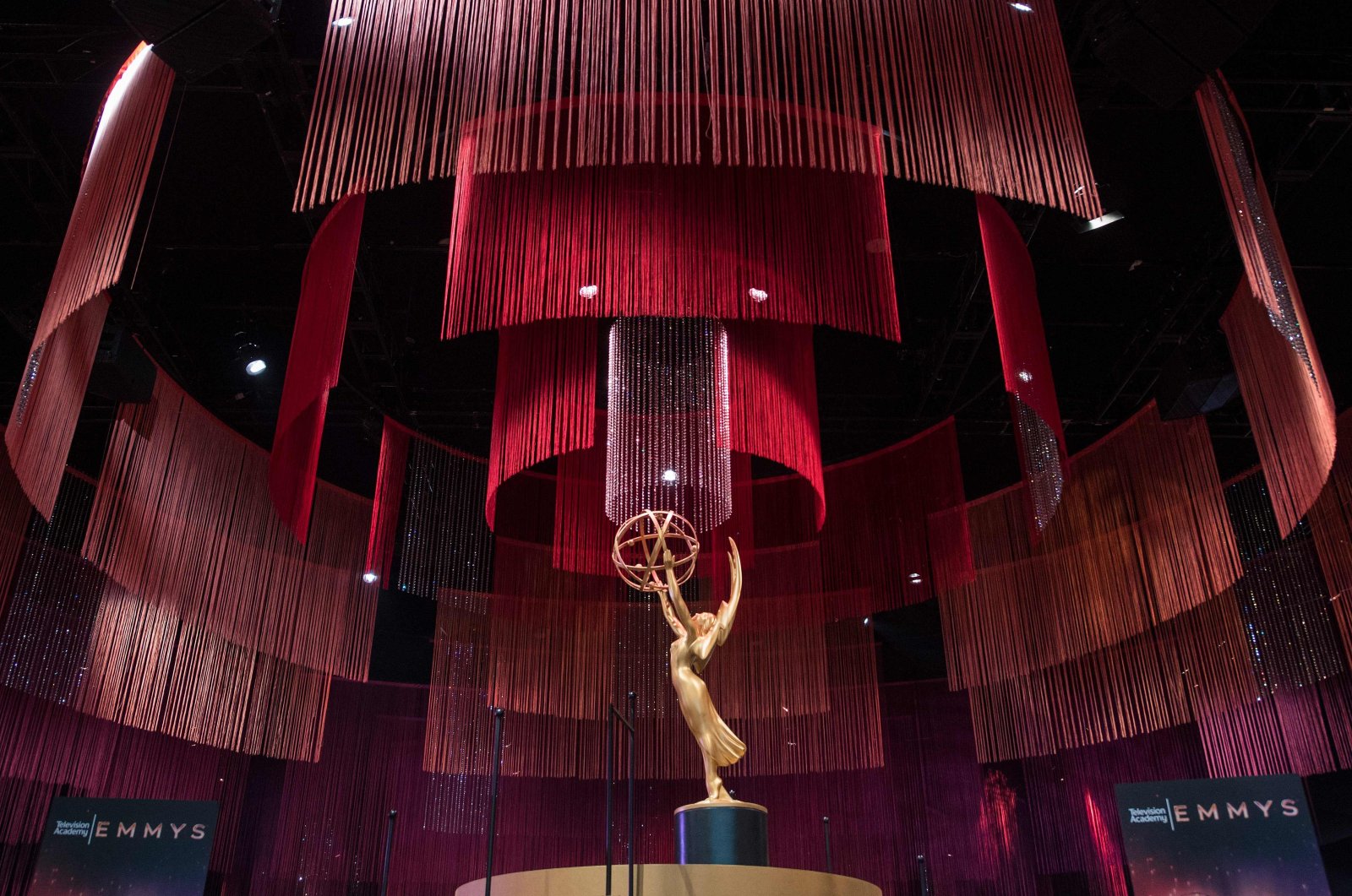 In this Sept. 12, 2019, file photo, an Emmy statue is seen on the stage at the 71st Emmy Awards Governors Ball press preview at LA Live in Los Angeles. (AFP Photo)