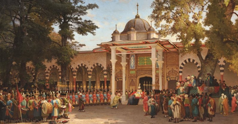 Germain Fabius Brest depicts a reception held in front of the Gate of Felicity in the second courtyard of Topkapı Palace in his 1865 painting “Bayram Greetings Reception."