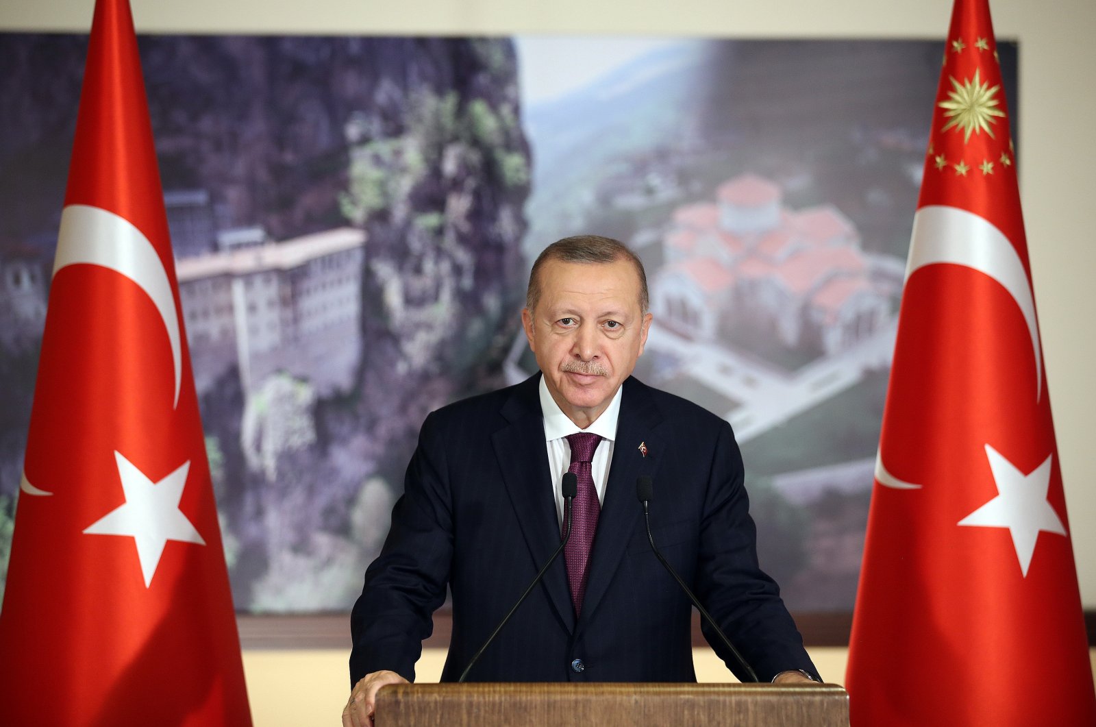 President Recep Tayyip Erdoğan speaks at the opening ceremony of the Sümela Monastery in Turkey's northern Trabzon province via teleconference from another location, July 29, 2020. (AA Photo)
