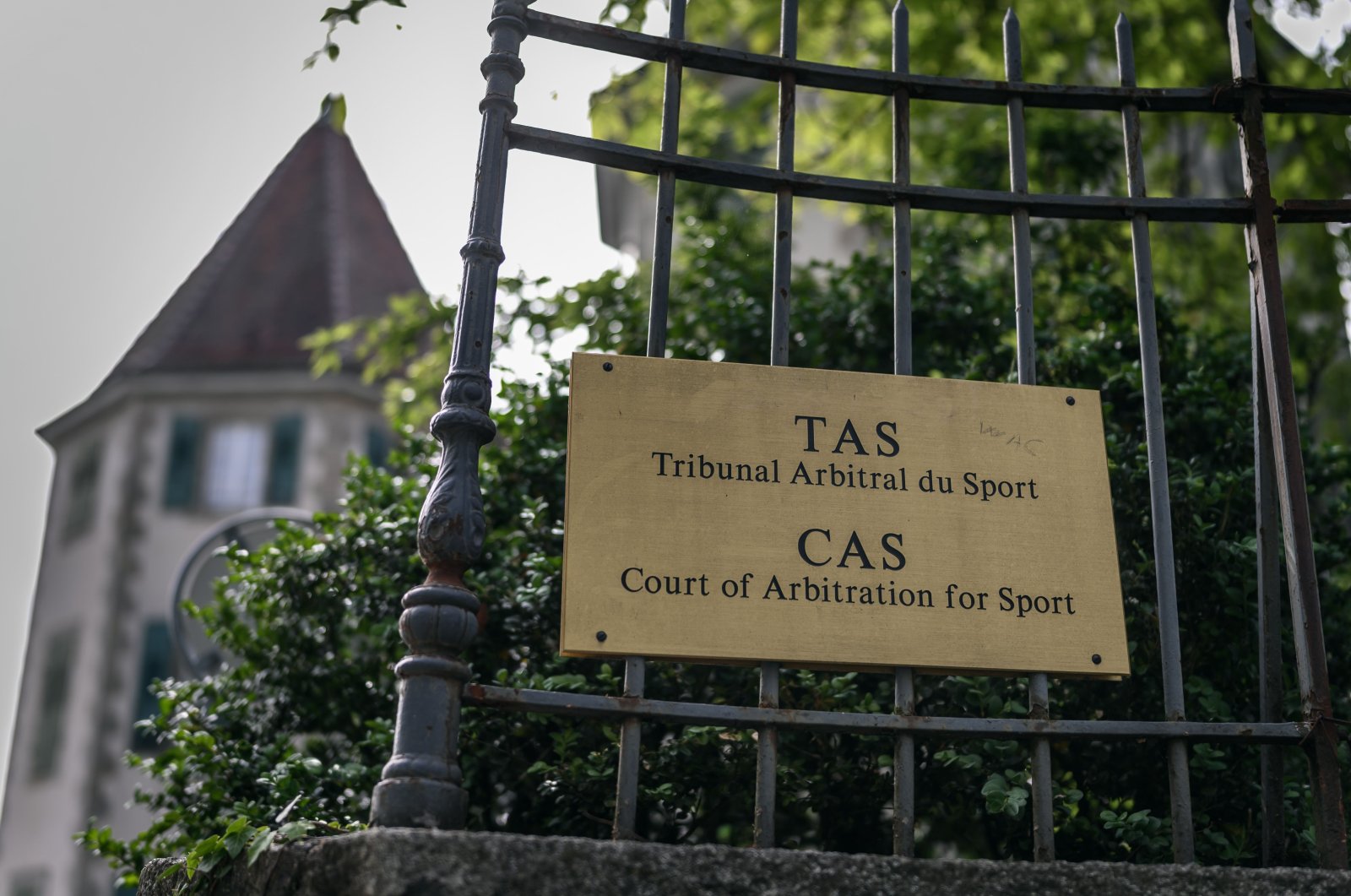 This picture taken on June 8, 2020, shows a sign at the entrance of the Court of Arbitration for Sport (CAS) in Lausanne, Switzerland. (AFP Photo)