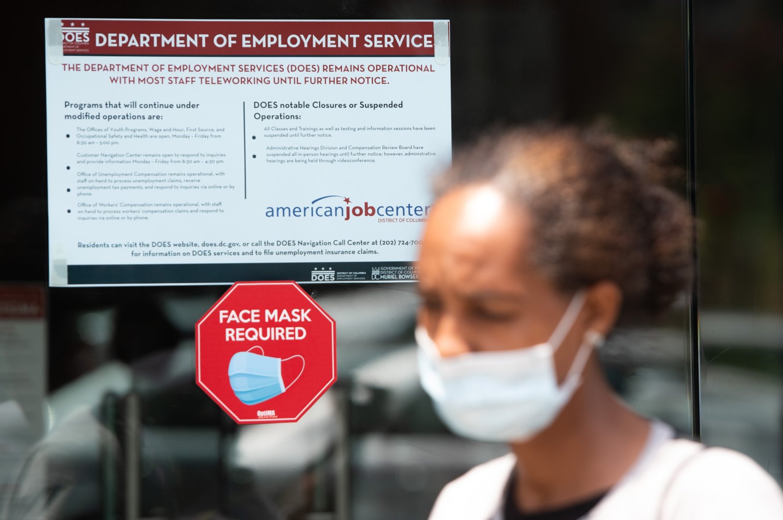 Diana Yitbarek, 44, leaves the D.C. Department of Employment Services after trying to find out about her unemployment benefits in Washington, D.C., July 16, 2020. (AFP Photo)