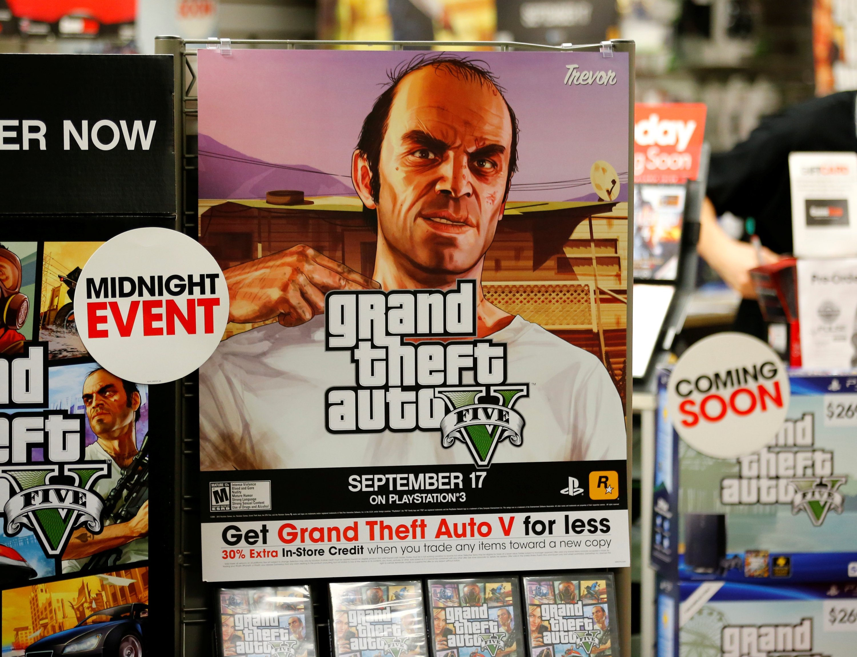 A promotion for the computer game 'Grand Theft Auto IV' is shown in a Game Stop store in Encinitas, California, Sept. 17, 2013. (REUTERS Photo)