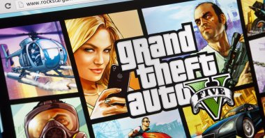 A close-up on an iMac screen shows the launch announcement of "Grand Theft Auto V" in Moscow, Russia, Sept. 23, 2013. (iStock Photo)