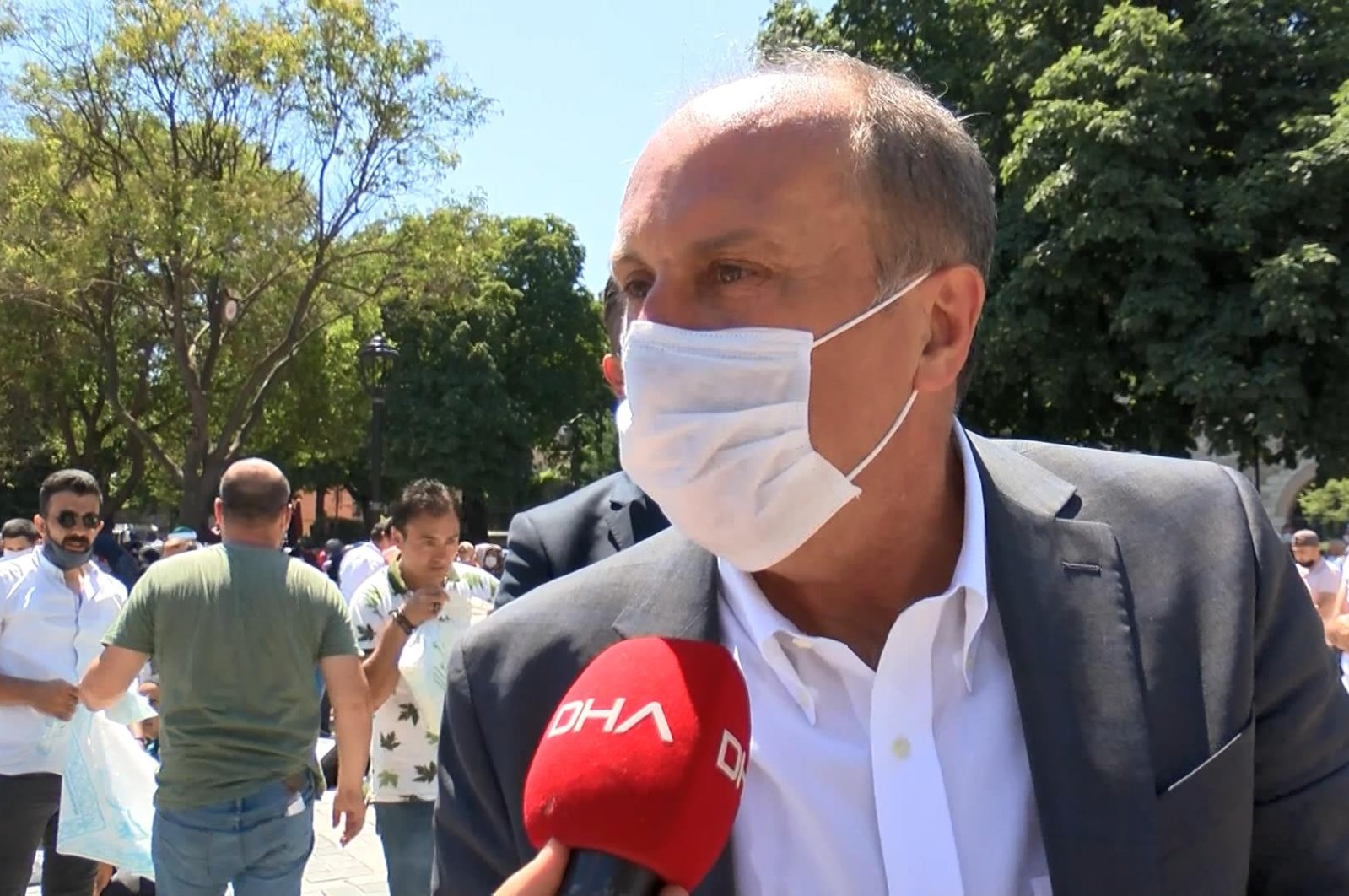 CHP's former deputy Ince speaks to reporters after a Friday prayer in the square near the Hagia Sophia Grand Mosque, Istanbul, July 24, 2020. (DHA Photo)