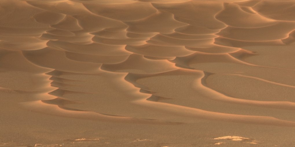 This photo made available by NASA on Aug. 6, 2004, shows sand dunes less than 1 meter (3.3 feet) high in the "Endurance Crater" on the planet Mars, seen by the Opportunity rover. (NASA/JPL/Cornell via AP)