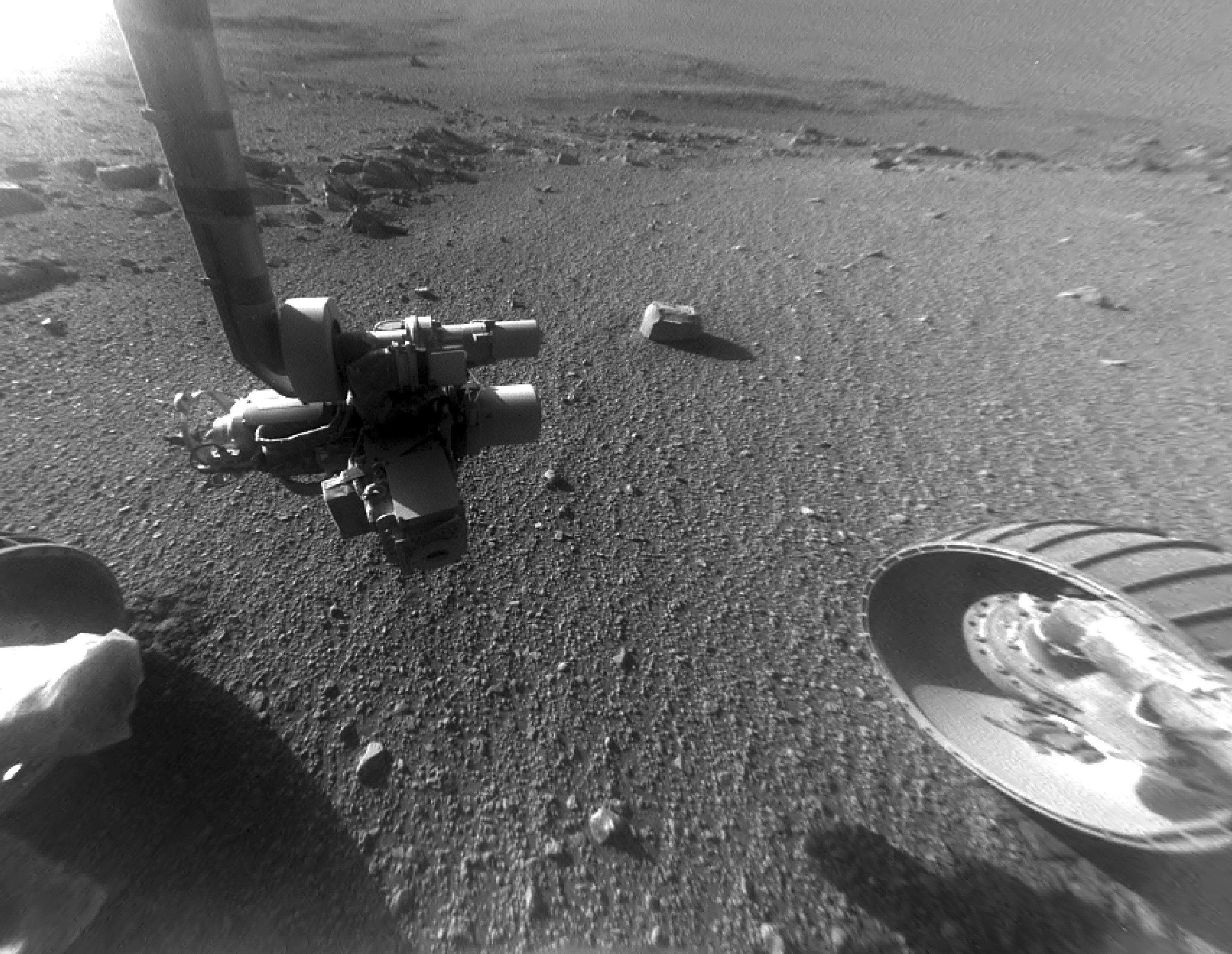 This Jan. 4, 2018 photo made available by NASA shows a view from the front Hazard Avoidance Camera of the Opportunity rover on the inboard slope of the western rim of Endeavour Crater on the planet Mars. (NASA/JPL-Caltech via AP)