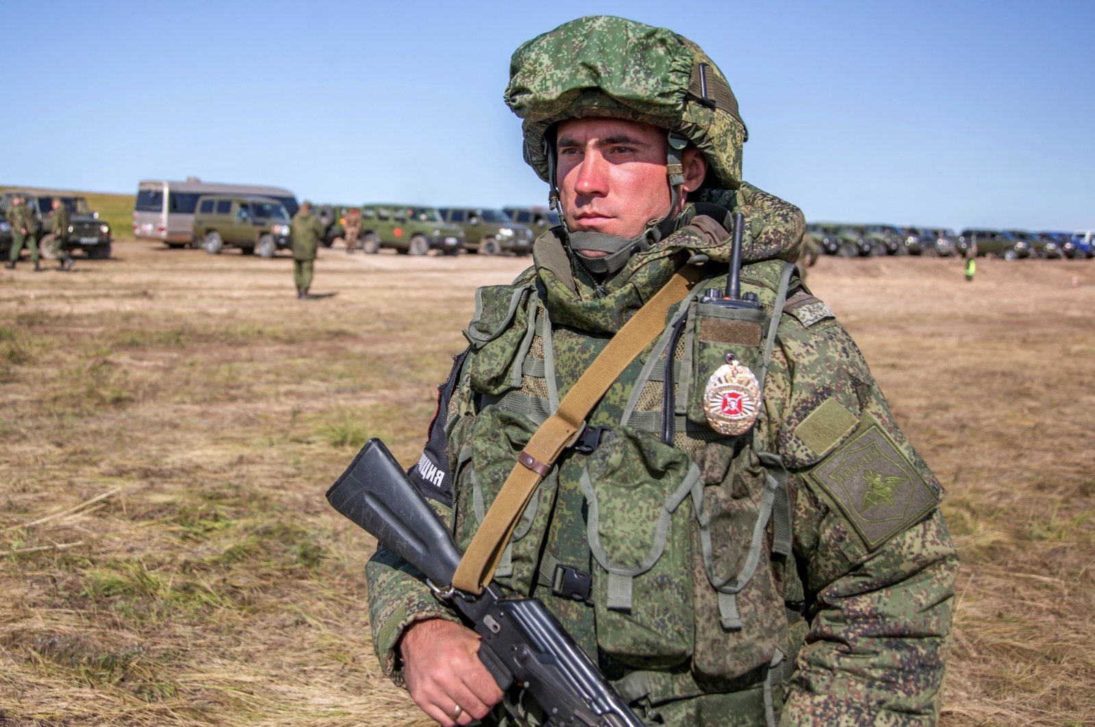 A Russian soldier guards an area during the military exercises in the Chita region, Eastern Siberia, during the Vostok 2018 exercises in Russia, Sept. 11, 2018. (AP)