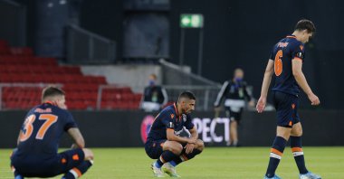 Başakşehir players linger on the field after the match with Copenhagen in the Danish capital, Aug 5, 2020. (AA Photo)