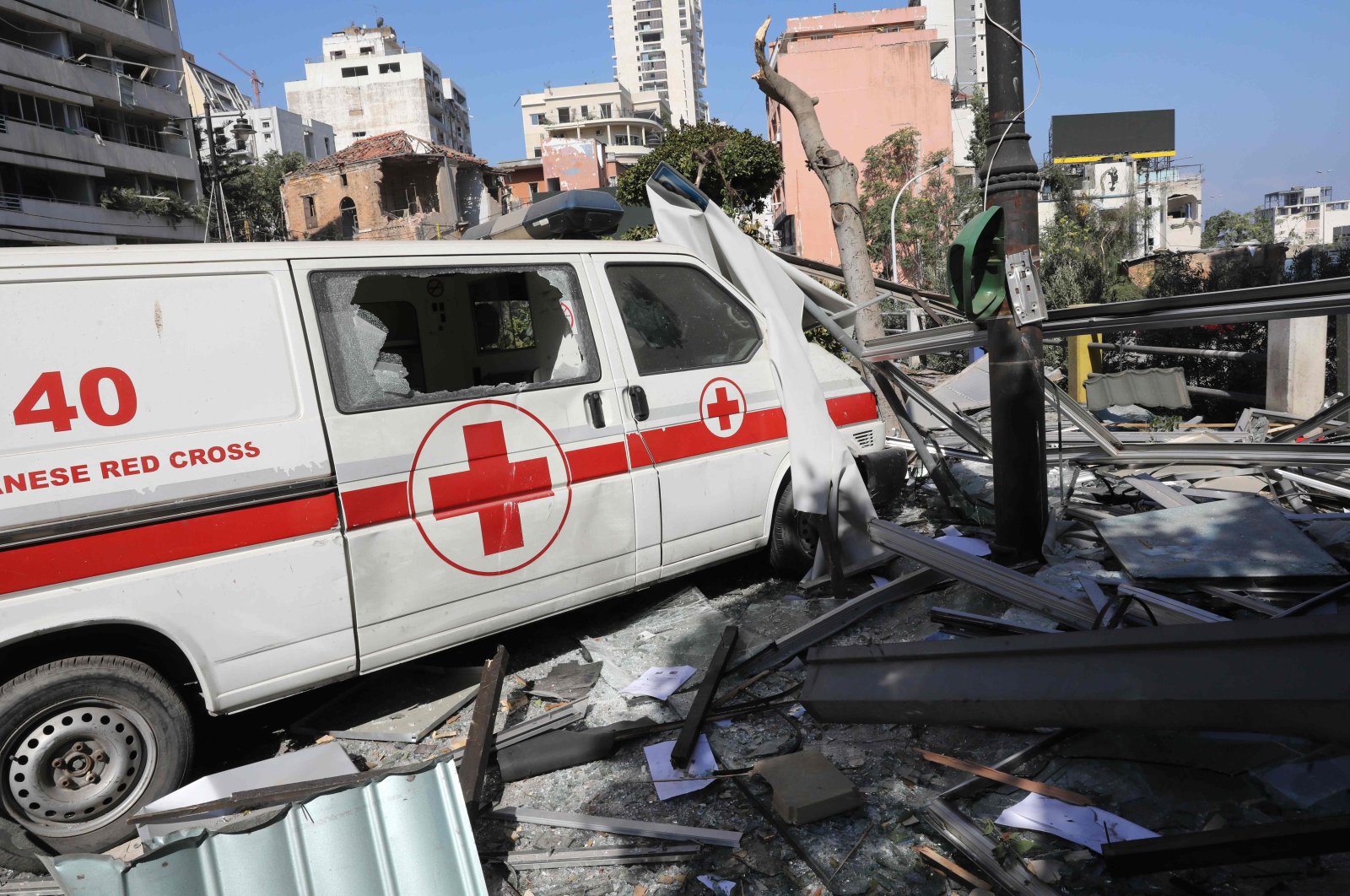 An emergency command vehicle of the Lebanese Red Cross is pictured in the aftermath of yesterday's blast that tore through Lebanon's capital and resulted from the ignition of a huge depot of ammonium nitrate at Beirut's port, on Aug. 5, 2020. (AFP Photo)