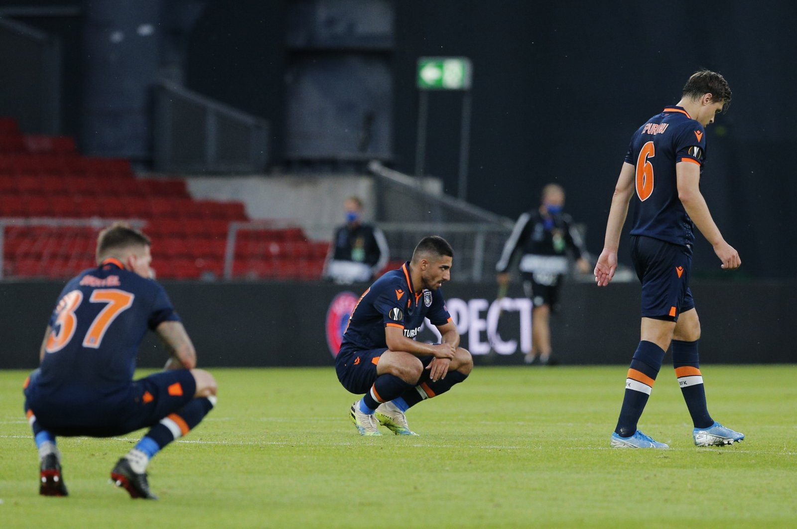 Başakşehir players linger on the field after the match with Copenhagen in the Danish capital, Aug 5, 2020. (AA Photo)