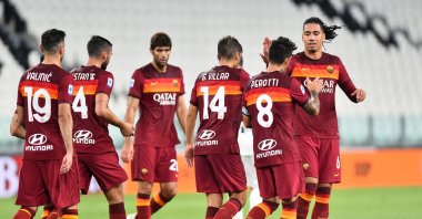 AS Roma players celebrate a goal during a Serie A match against Juventus in Turin, Italy, Aug. 1, 2020. (Reuters Photo)