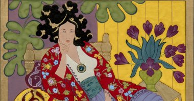 Onur Hastürk, "Odalsique with Red Caftan," acrylic, watercolor and gold on paper, 2019. 