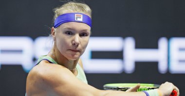 Kiki Bertens in action during the St. Petersburg Ladies Trophy tennis tournament in St. Petersburg, Russia, Feb. 16, 2020. (AP Photo)