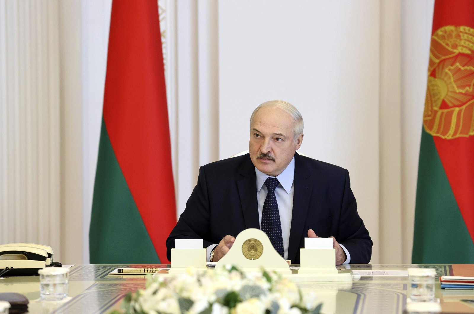 Belarusian President Alexander Lukashenko attends a meeting to discuss ensuring security during the election campaign, Minsk, Belarus, Aug. 6, 2020. (AP Photo)