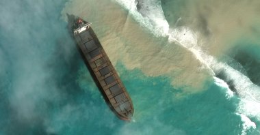 A satellite image shows MV Wakashio, a bulk carrier ship that ran aground off the southeast coast of Mauritius, August 1, 2020. (Maxar Technologies/via Reuters)