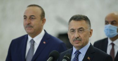 Vice President Fuat Oktay (R) and Foreign Minister Mevlüt Çavuşoğlu (L) take questions at a press conference after their meeting with Lebanese President Michel Aoun in Beirut, Lebanon on Aug. 8, 2020. (AA Photo)