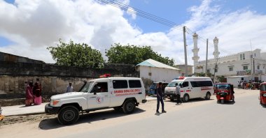 An ambulance is seen near a blast site that rocked a military base in Mogadishu, Somalia, Aug. 8, 2020. (REUTERS Photo)