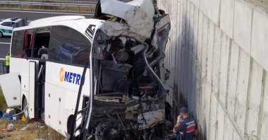 A passenger bus crashed into the wall of an overpass in North Marmara Highway in Istanbul, Turkey, Aug. 9, 2020. (IHA Photo)