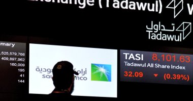 A view of the exchange board at the Stock Exchange Market (Tadawul) bourse in Riyadh displaying Aramco shares, Dec. 12, 2019. (AFP Photo)