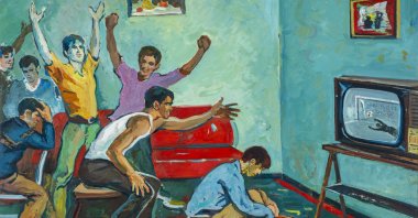 Guri Madhi, "When We Don't Go to the Stadium", 1986, oil on wood, 86 by 123 centimeters. (Courtesy of Pera Museum)