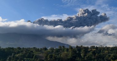 Sinabung volcano spews ash during its second eruption toward dusk as seen from Karo district, North Sumatra, Aug. 8, 2020. (AFP Photo)