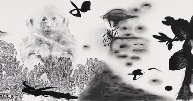 İnci Eviner, "Magnolia Crusher" 2020, 45 by 230 centimeters, ink, charcoal pencil and silkscreen on paper. (Courtesy of Galeri Nev Istanbul)