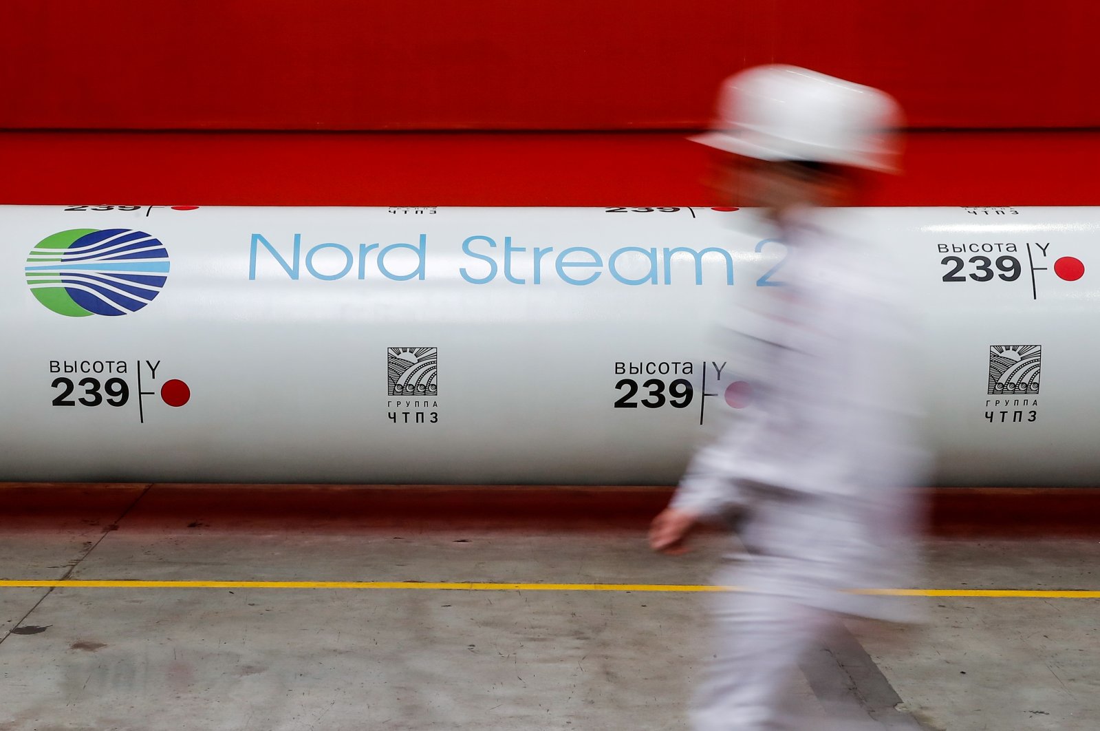 The logo of the Nord Stream 2 gas pipeline project is seen on a large diameter pipe at Chelyabinsk Pipe Rolling Plant owned by ChelPipe Group in Chelyabinsk, Russia, Feb. 26, 2020. (Reuters Photo)