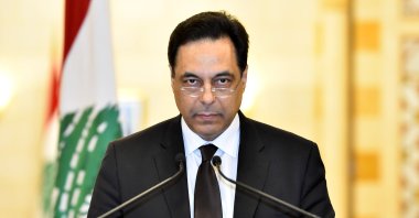 Lebanese Prime Minister Hassan Diab delivers a resignation speech, Beirut, Lebanon, Aug. 10, 2020.  (EPA Photo)