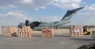 A Turkish Armed Forces A400M aircraft at Etimesgut Airport before it took off for Lebanon to deliver medical aid, Ankara, Turkey, Aug. 11, 2020. (Defense Ministry via AA)