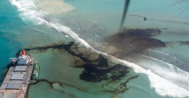 A general view shows the bulk carrier ship MV Wakashio, that ran aground on a reef, at Riviere des Creoles, Mauritius, Aug. 11, 2020. (Reuters Photo)