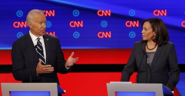 Joe Biden and Sen. Kamala Harris participate in Democratic presidential primary debates in Detroit, U.S., July 31, 2019. (AP Photo)