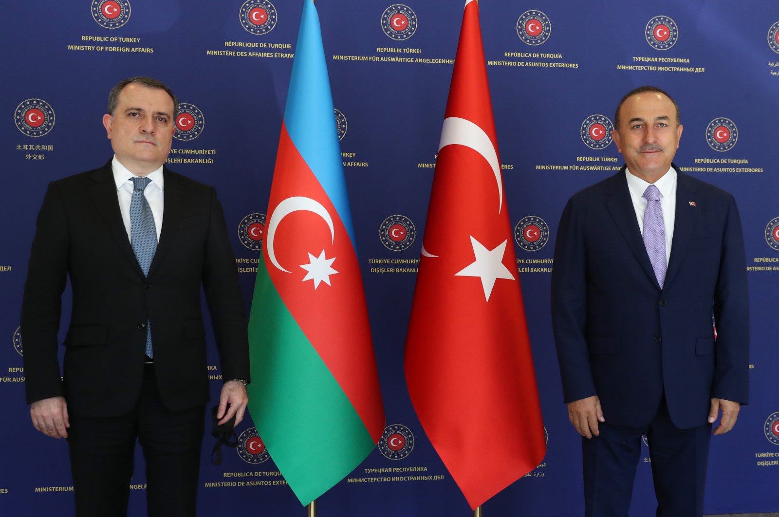 Foreign Minister Mevlüt Çavuşoğlu with Azerbaijani Foreign Minister Jeyhun Bayramov in Ankara, Aug. 11, 2020. (AA Photo)