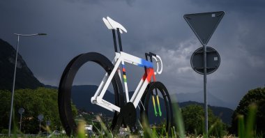  This file photo taken on August 10, 2020 shows a decoration representing a bicycle adorning a round-about in Ollon near Aigle amid the coronavirus crisis and ahead of the 2020 UCI Cycling world championships.  (AFP Photo)