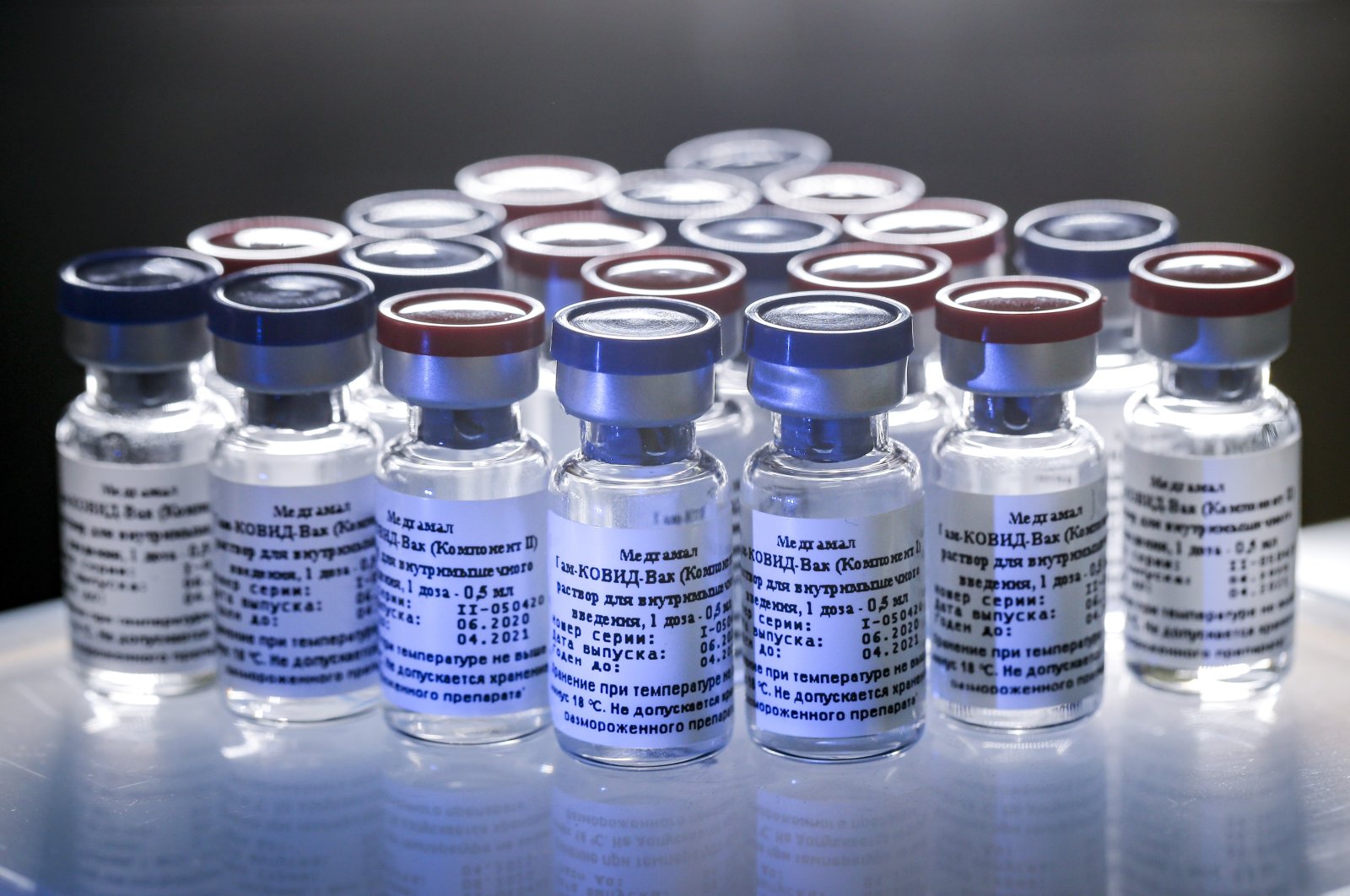 In this handout photo taken on Thursday, Aug. 6, 2020, and provided by Russian Direct Investment Fund, a new vaccine is on display at the Nikolai Gamaleya National Center of Epidemiology and Microbiology in Moscow, Russia. (AP Photo)