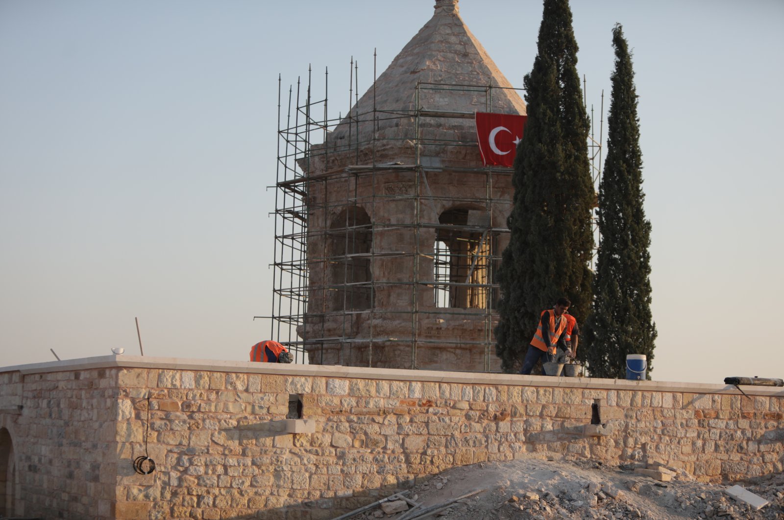 Turkey's Regional Directorate of Foundations renovates a historical site damaged by the YPG/PKK terrorist group in the northern Afrin province, Syria, Aug. 12, 2020 (AA Photo)