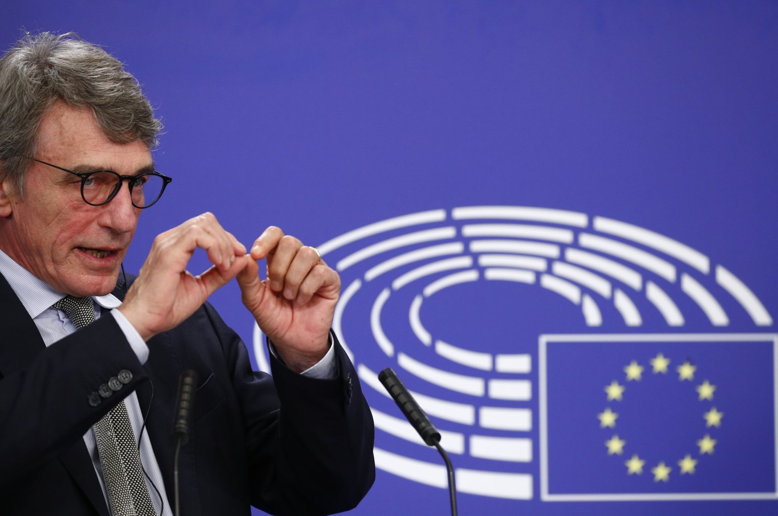 European Parliament President David Sassoli talks during a news conference following the recovery financial plan deal at the EU leaders summit, at the European Parliament in Brussels, Wednesday, July 22, 2020. (AP Photo)