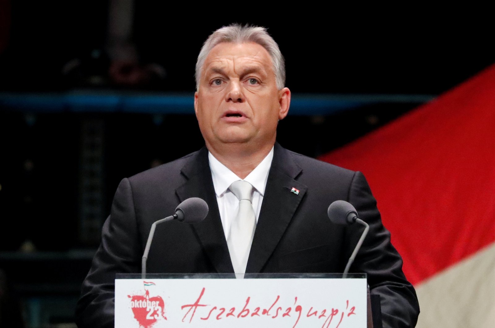Hungarian Prime Minister Viktor Orban delivers a speech in the Liszt Ferenc Academy of Music during the celebrations of the 63rd anniversary of the Hungarian Uprising of 1956, in Budapest, Hungary, October 23, 2019. (Reuters Photo)