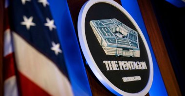 The Pentagon logo is seen behind the podium in the briefing room at the Pentagon in Arlington, Va., Jan. 8, 2020. (Reuters Photo)