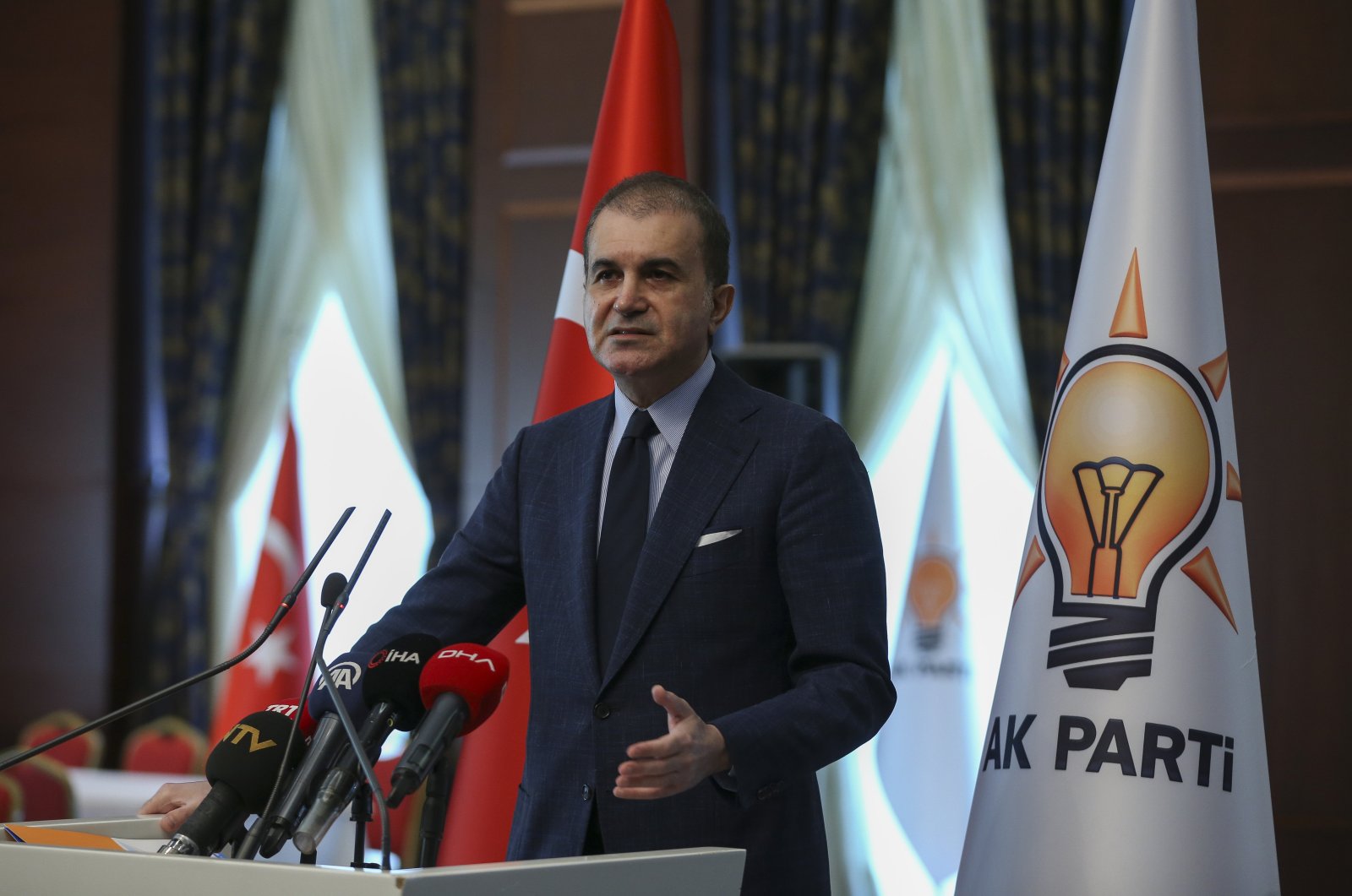 Justice and Development Party (AK Party) Spokesperson Ömer Çelik addresses reporters following a meeting in the capital Ankara, April, 28, 2020. (AA Photo)