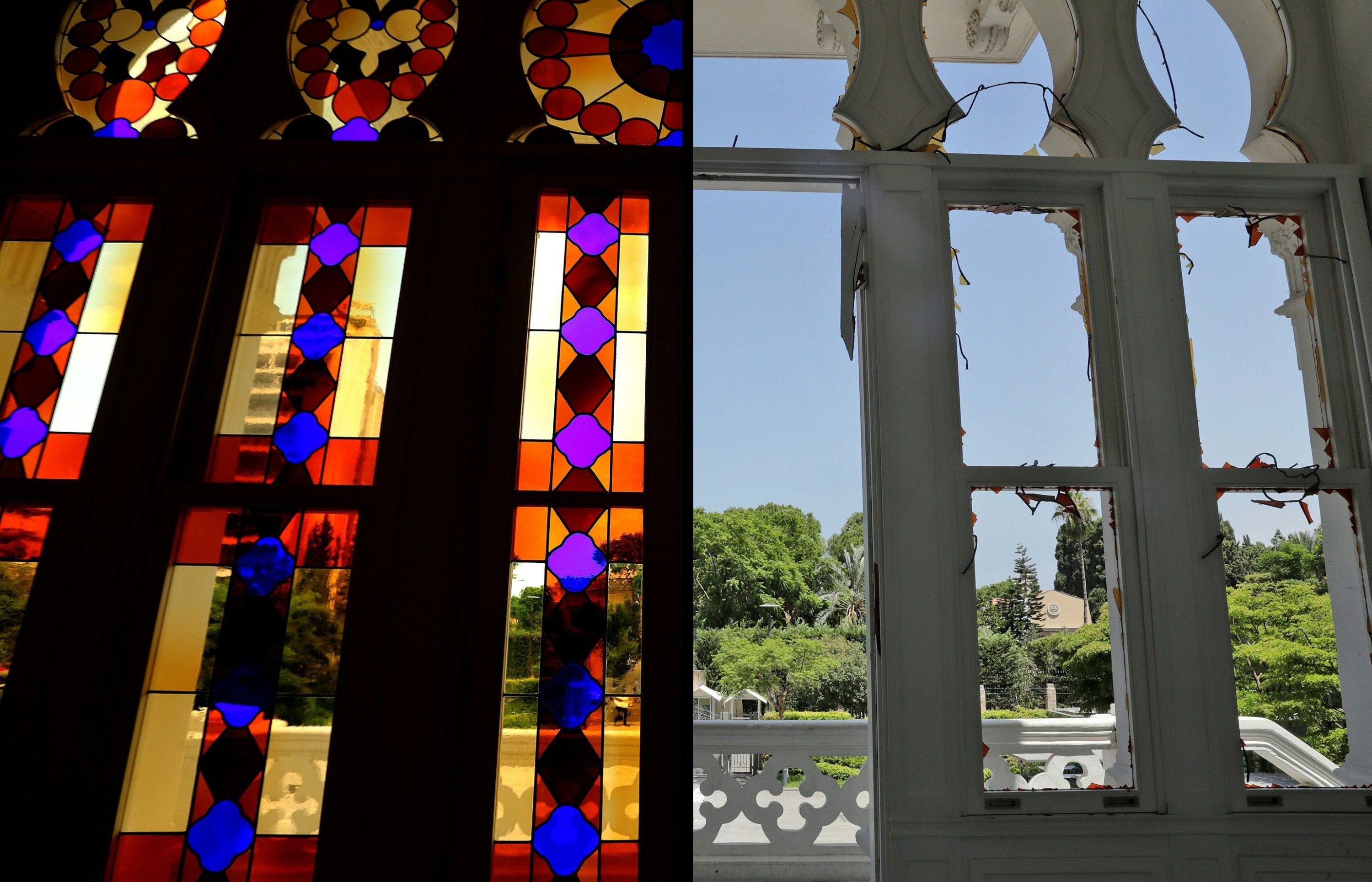This combination of pictures created on Aug. 10, 2020 shows (L) a view of the stained glass windows at the Sursock Museum in Lebanon's capital Beirut on Oct. 5, 2015; and (R) an image of the museum taken on Aug. 8, 2020, showing the empty windows after their stained glass was broken in the aftermath of the massive blast at the Port of Beirut (AFP Photo)