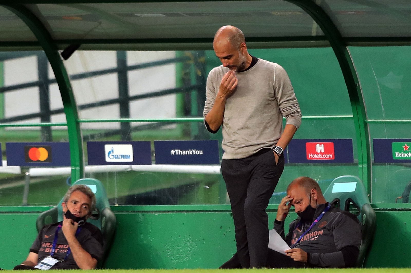 Pep Guardiola gestures on the sidelines during Manchester City's match against Lyon, in Lisbon, Portugal, Aug. 15, 2020. (AFP Photo) 