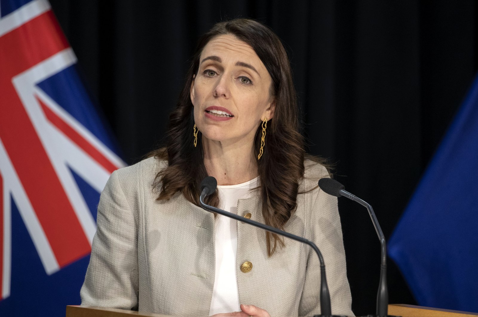 New Zealand Prime Minister Jacinda Ardern reacts during a press conference in Wellington, New Zealand, Aug. 14, 2020. (AP Photo)