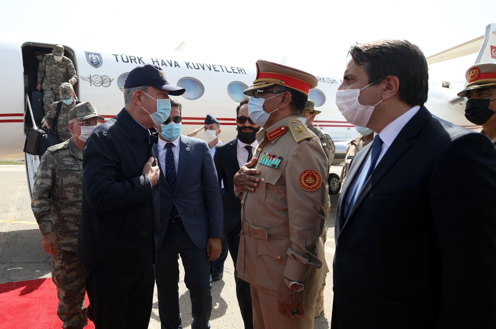 Defense Minister Hulusi Akar and Chief of Staff Gen. Yaşar Güler arrive in Libya's capital Tripoli to discuss a memorandum of understanding as well as bilateral cooperation, Aug. 17, 2020. (AA Photo)