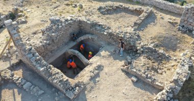 An aerial view of the cistern at the medieval city of Beçin, Muğla, southwestern Turkey, Aug. 17, 2020. (AA PHOTO)