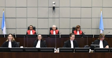 Judges are seen during a session of the United Nations-backed Lebanon Tribunal in Leidschendam, the Netherlands, Aug. 18, 2020. (AP Photo)