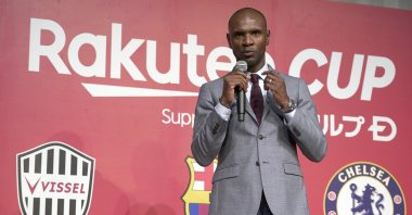 Eric Abidal delivers a speech during a press conference in Tokyo, Japan, April 18, 2019. (AP Photo)