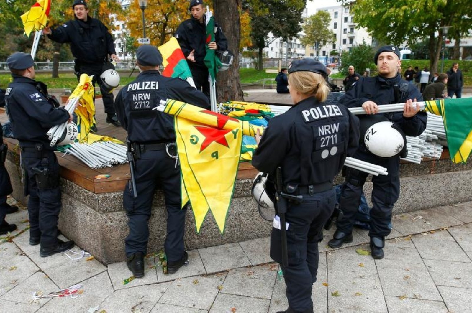 German police officers carry out security checks ahead of a pro-PKK demonstration in Cologne, Germany, Oct. 19, 2019. (Reuters Photo)
