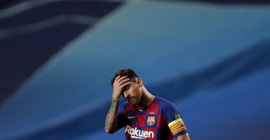 Barcelona's Lionel Messi reacts during the UEFA Champions League quarterfinal match against Bayern Munich in Lisbon, Portugal, Aug. 14, 2020. (EPA Photo)