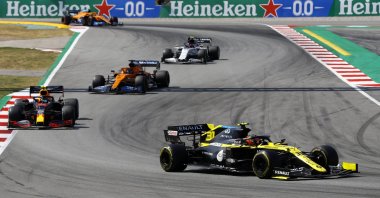 Renault driver Esteban Ocon steers his car during the Formula One Spanish Grand Prix in Montmelo, Spain, Aug. 16, 2020. (AP Photo)
